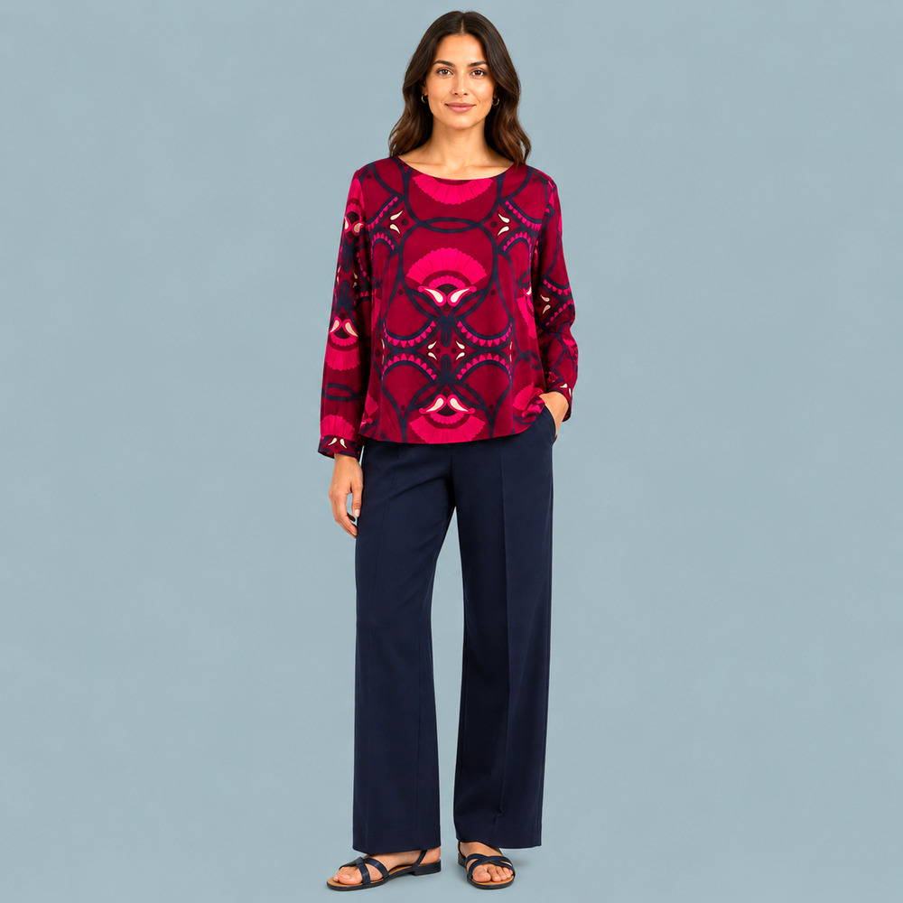 Elizabeth McKay Size 8 Pink Navy Print Scoop Neck Long Sleeve Silk Blend Top